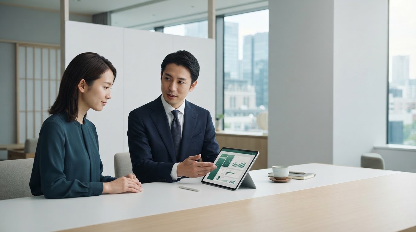 財結 PlatformのAI資産分析プラットフォームを示す、落ち着いたエメラルドとグレーのデータビジュアル